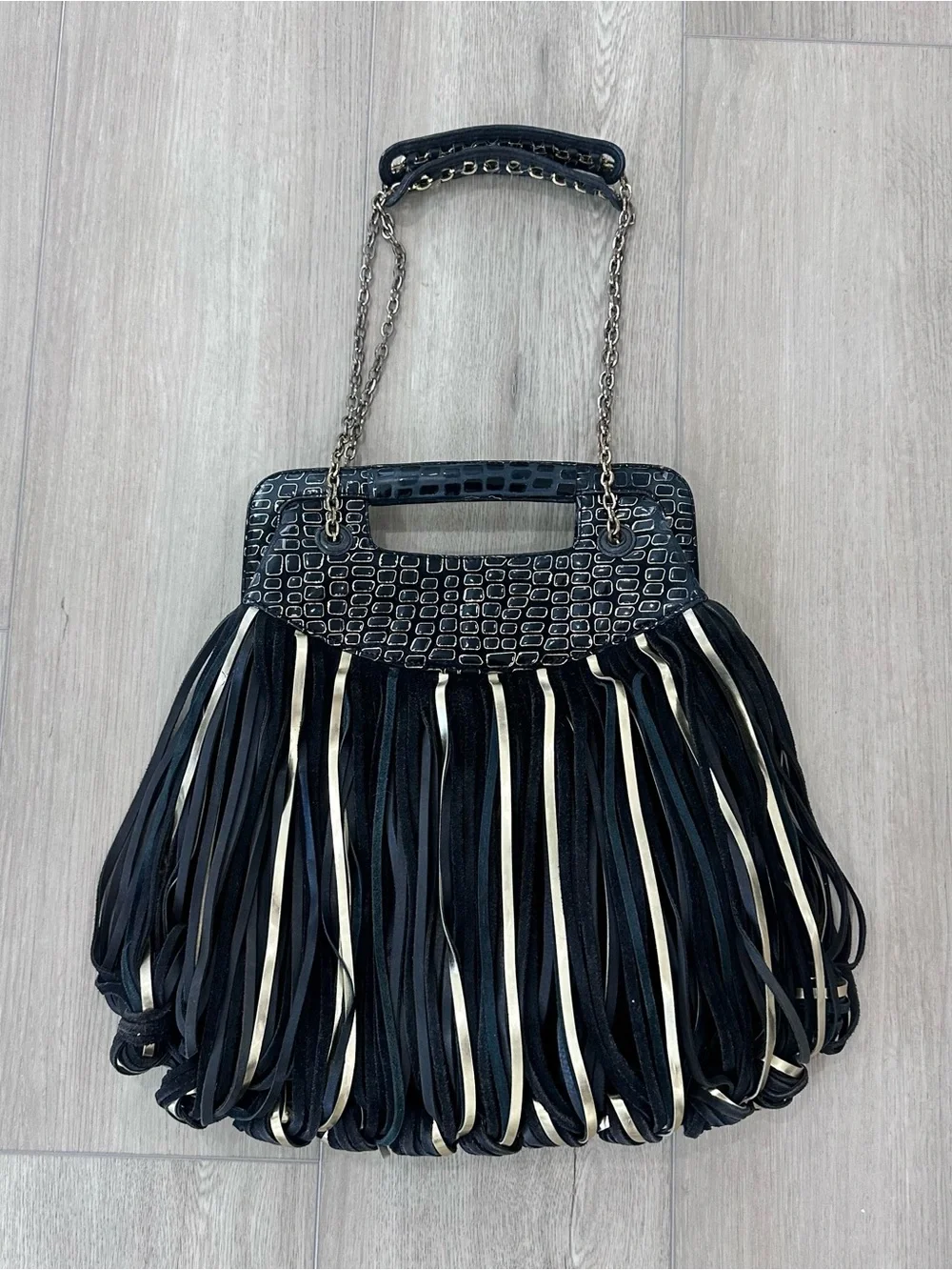 Katherine kwei New York suede leather fringe bag black gold